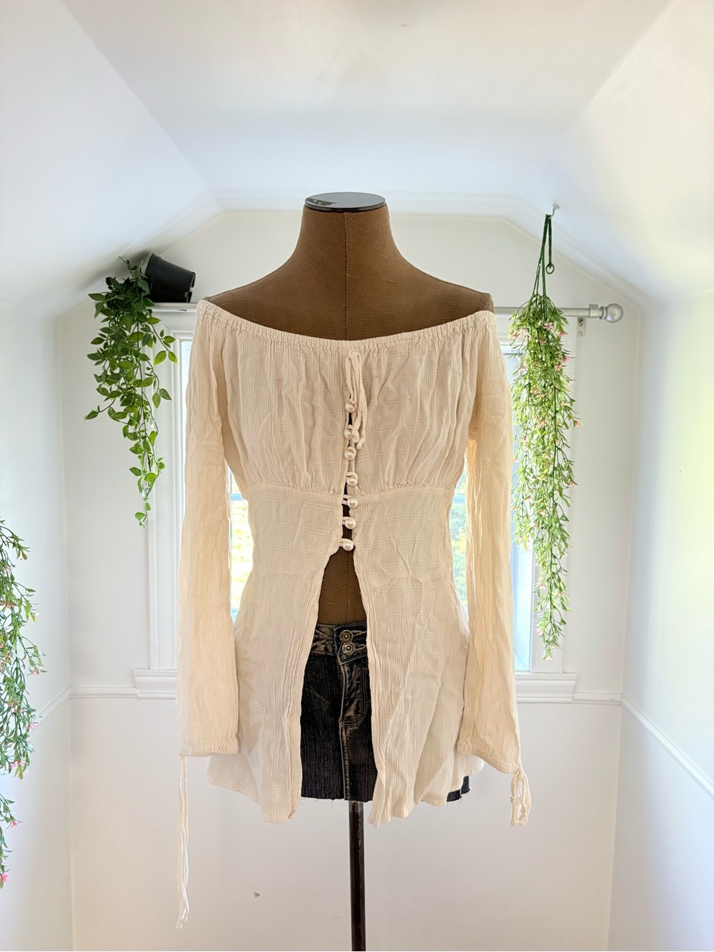 Off-Shoulder Cream Button Peasant Top
